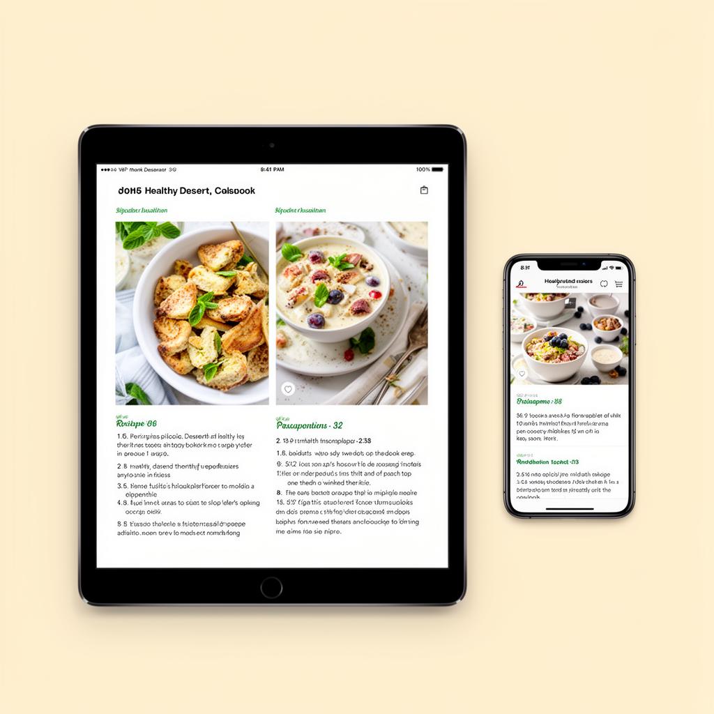 Healthy desserts cookbook on iPad and phone
