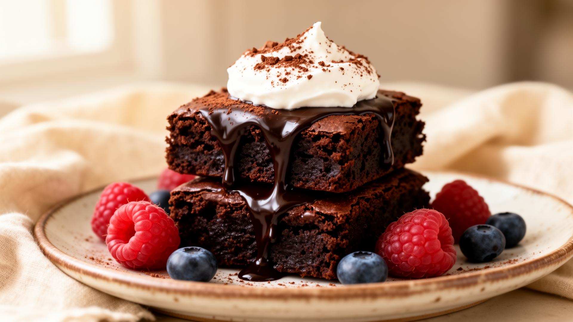Sugar-free chocolate brownie with fresh berries and cream